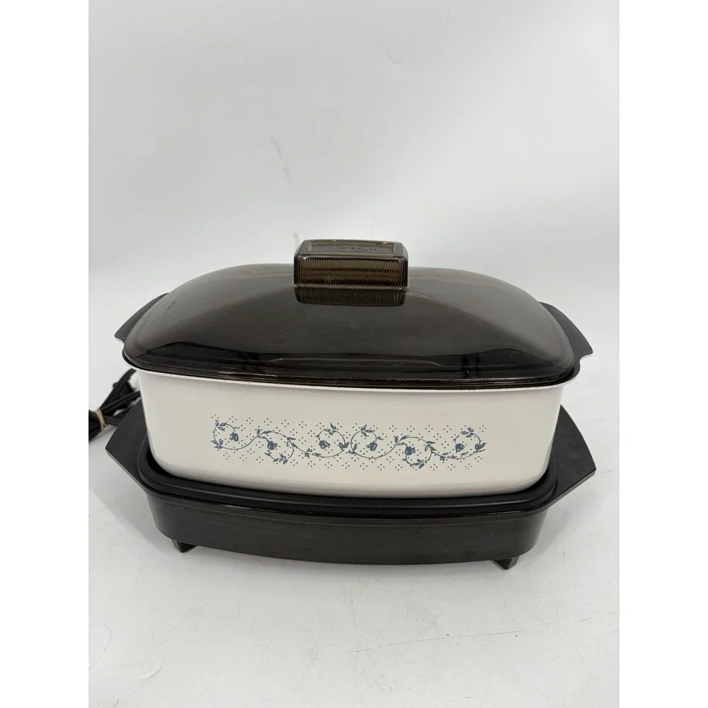 Vtg West Bend Model  4 Quart Slow Cooker Plastic Lid blue flowers WORKS